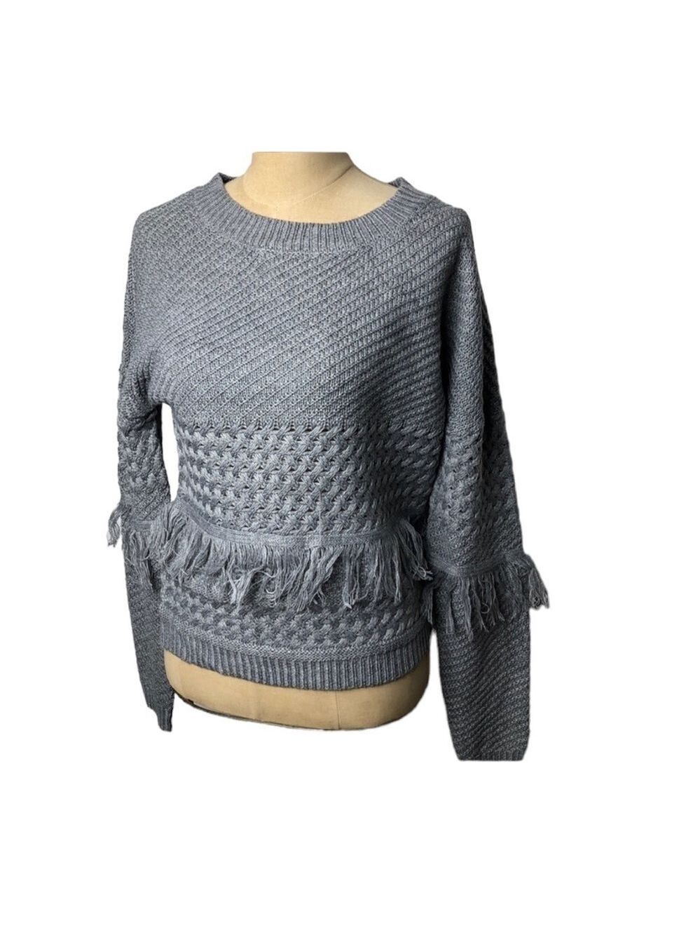 NWT BB Dakota multi patterned fringe trimmed sweater grey SZ XS